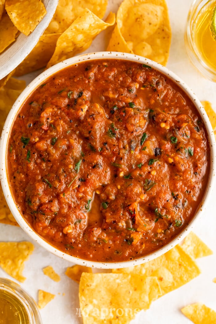 Overhead view of a bowl of red roasted salsa surrounded by tortilla chips.