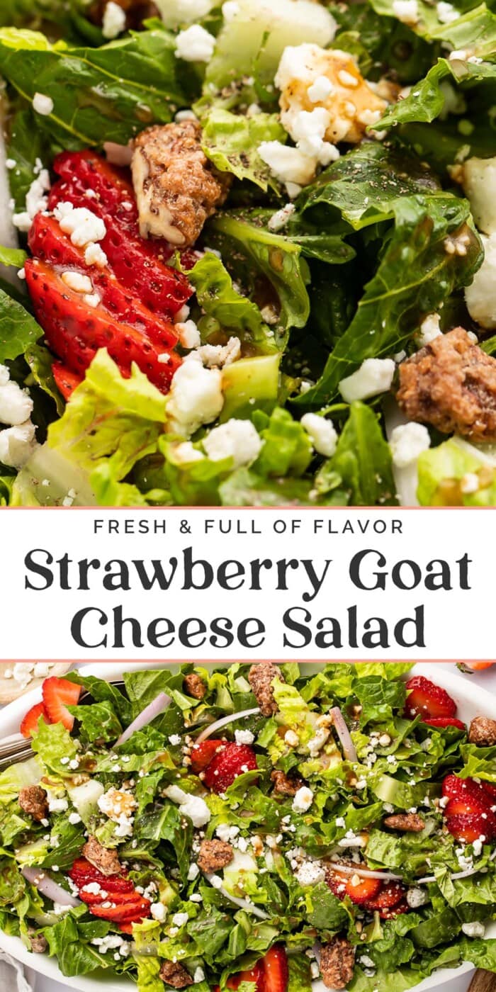 Pin graphic for strawberry goat cheese salad.