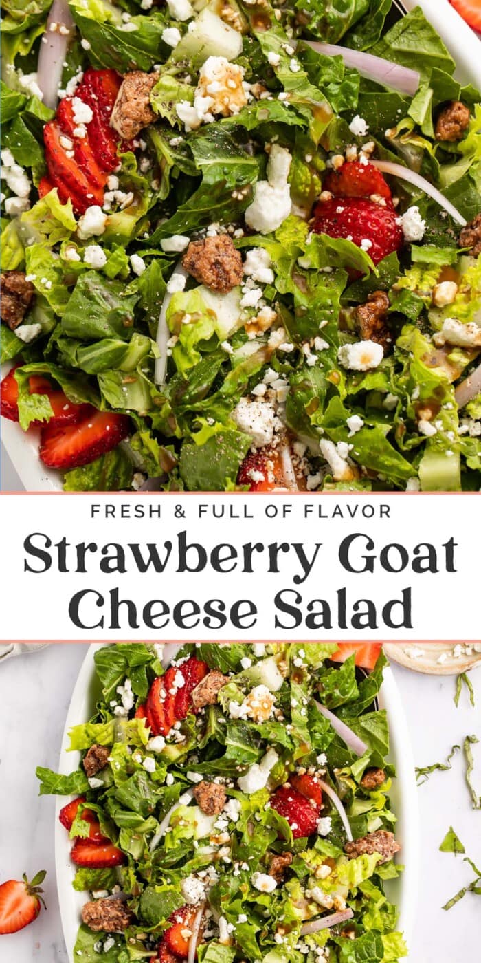 Pin graphic for strawberry goat cheese salad.