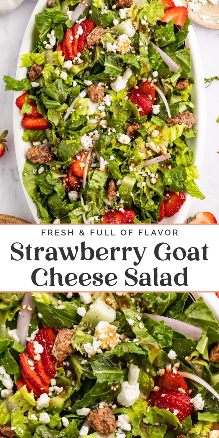 Pin graphic for strawberry goat cheese salad.