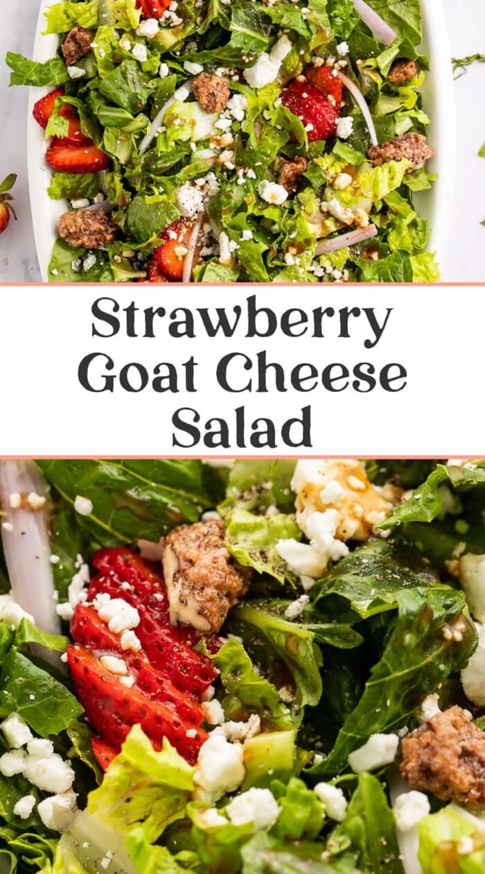 Pin graphic for strawberry goat cheese salad.