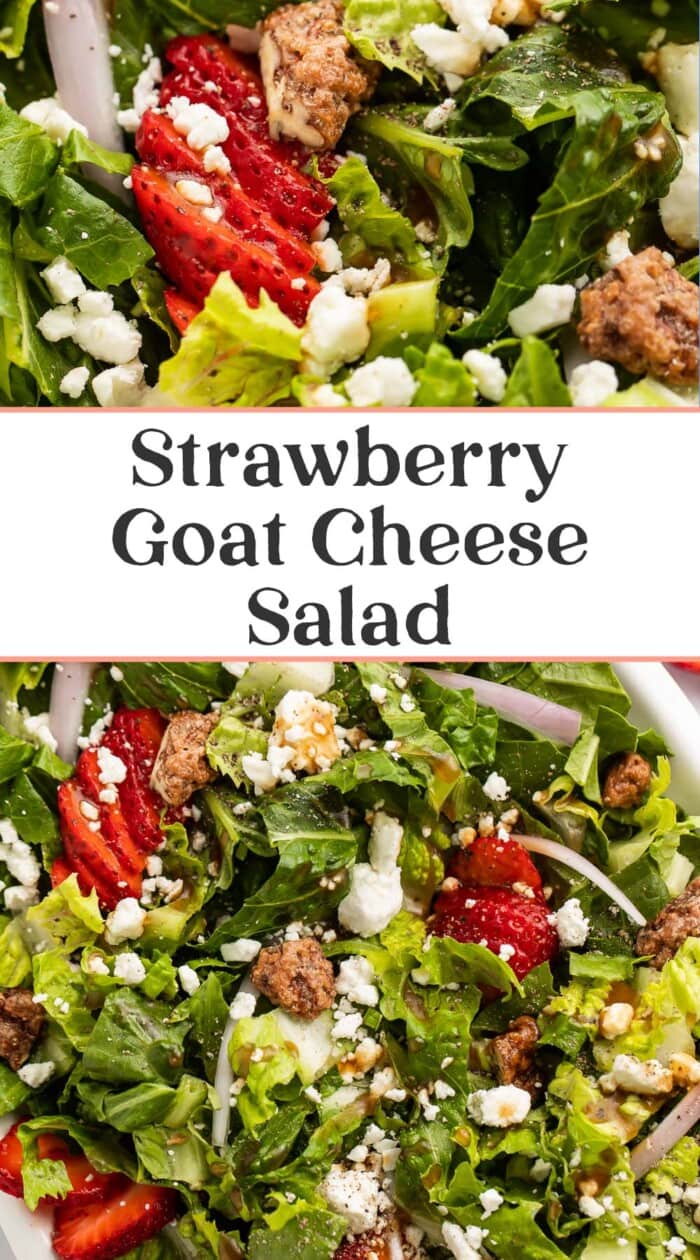 Pin graphic for strawberry goat cheese salad.