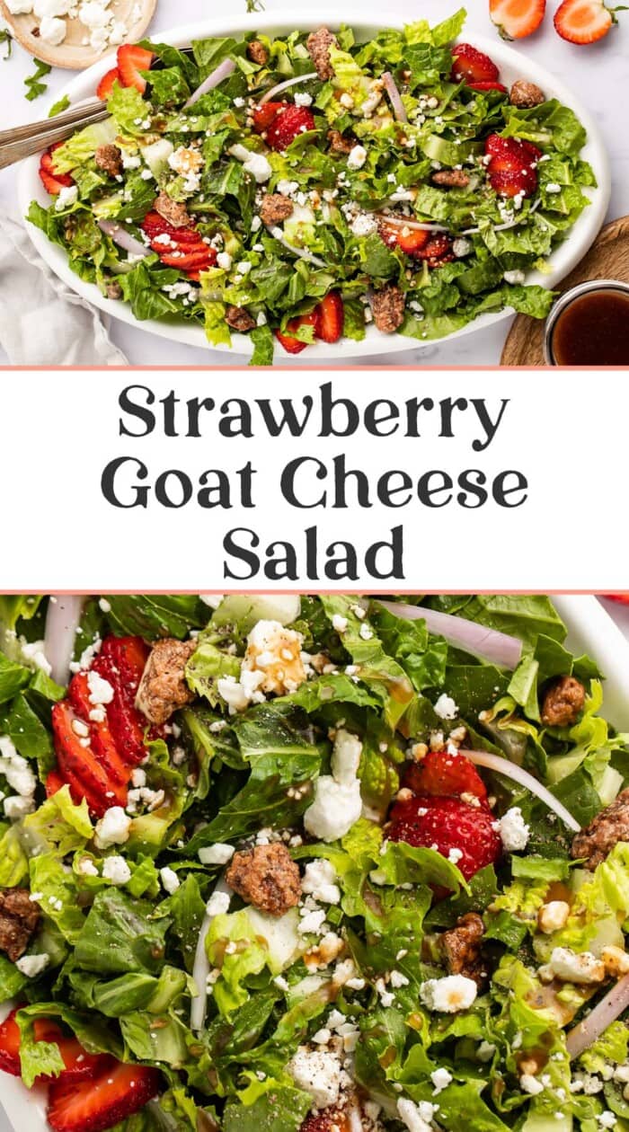 Pin graphic for strawberry goat cheese salad.