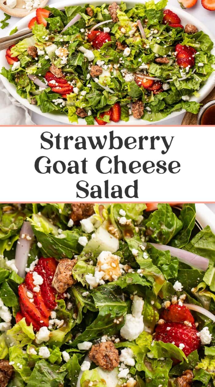 Pin graphic for strawberry goat cheese salad.