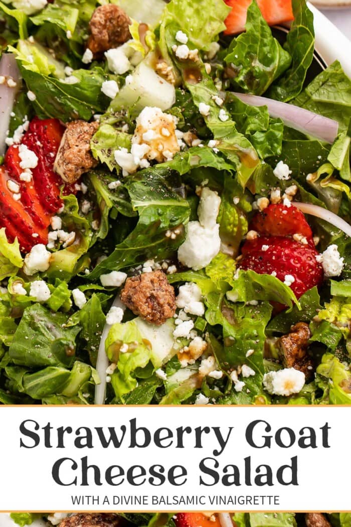 Pin graphic for strawberry goat cheese salad.