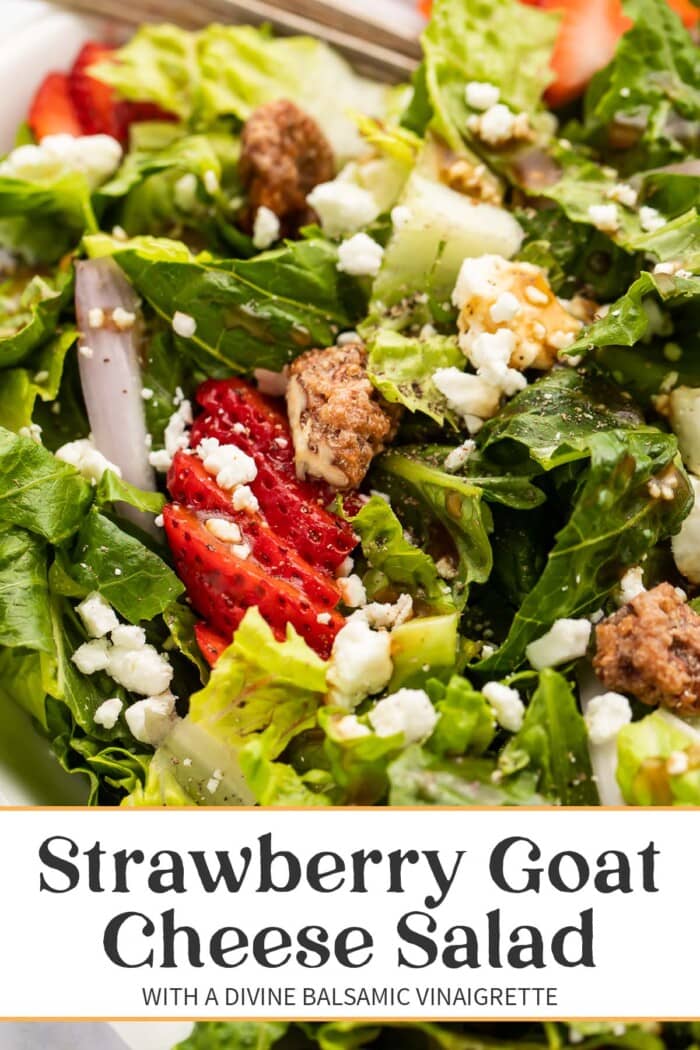 Pin graphic for strawberry goat cheese salad.