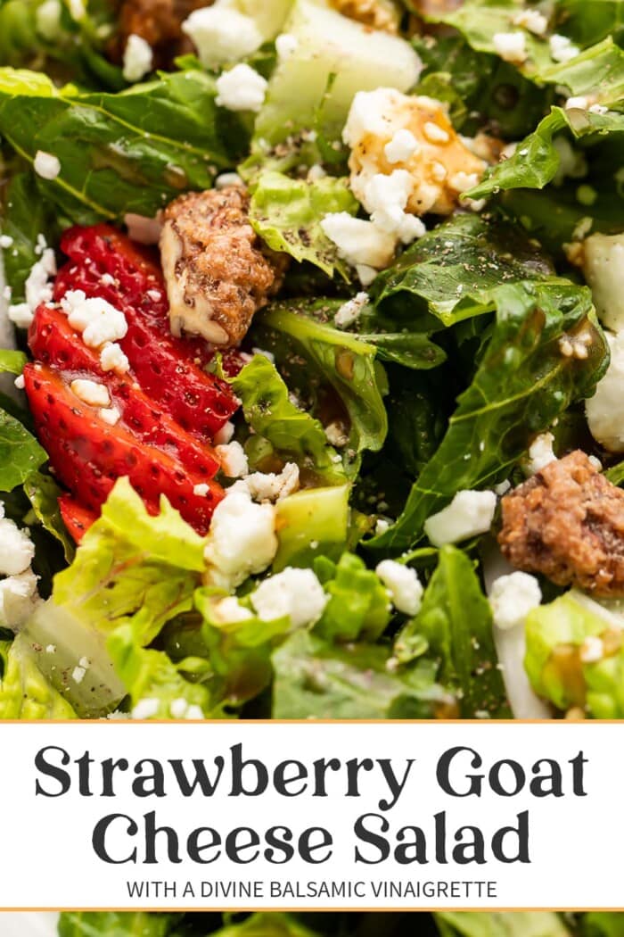 Pin graphic for strawberry goat cheese salad.