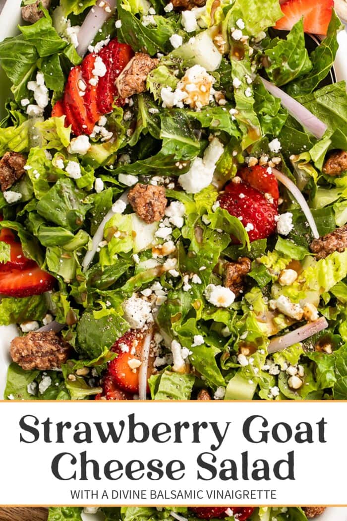 Pin graphic for strawberry goat cheese salad.