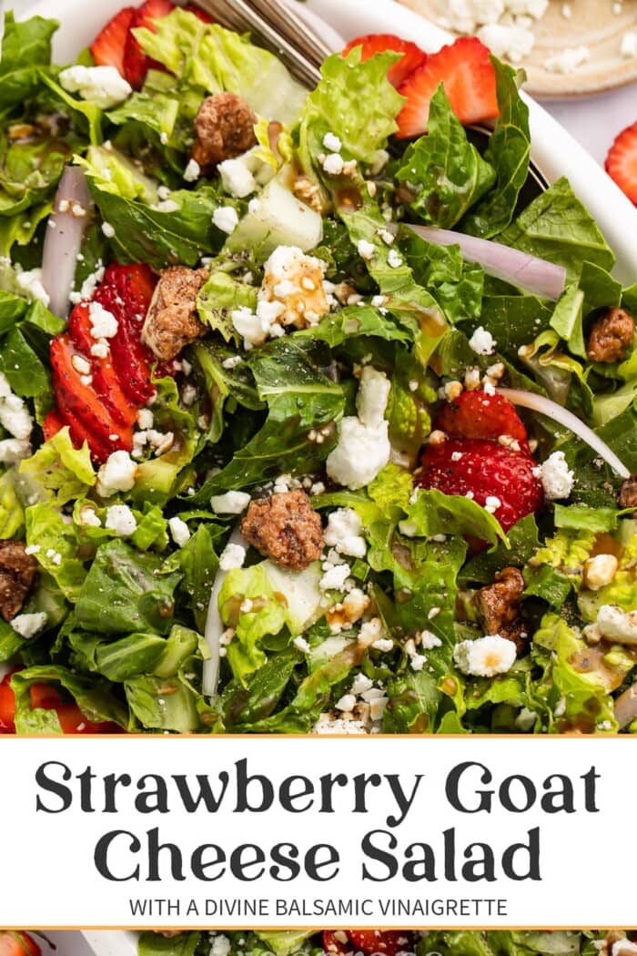 Pin graphic for strawberry goat cheese salad.