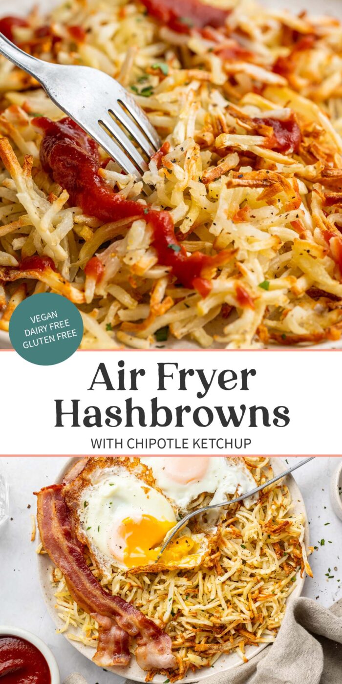 Pin graphic for air fryer hashbrowns.