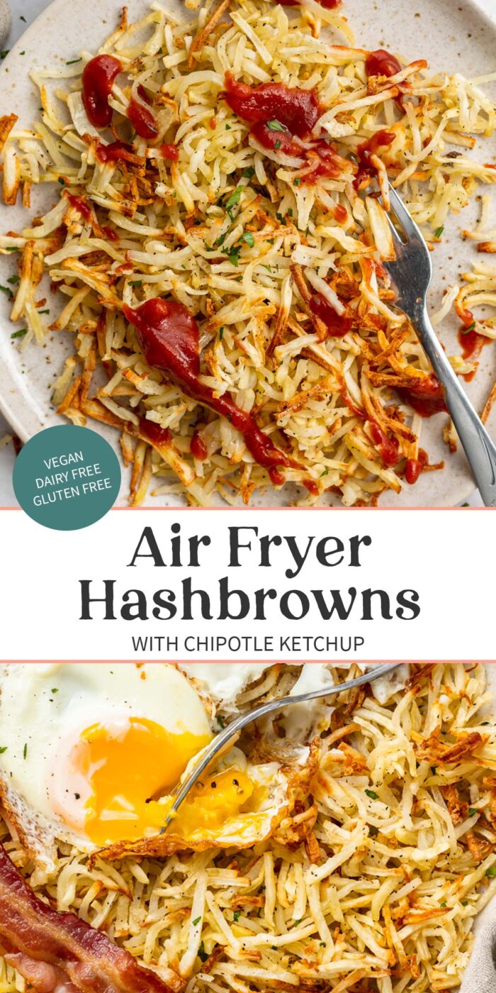 Pin graphic for air fryer hashbrowns.