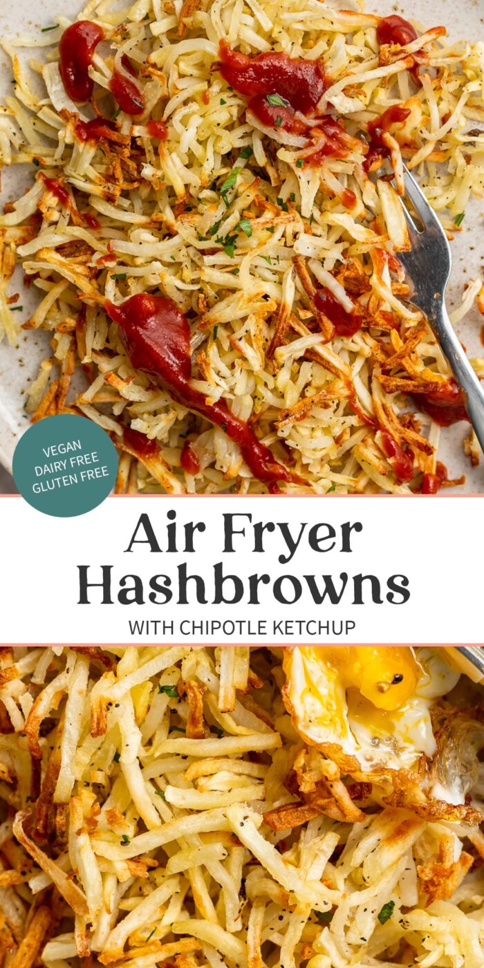 Pin graphic for air fryer hashbrowns.