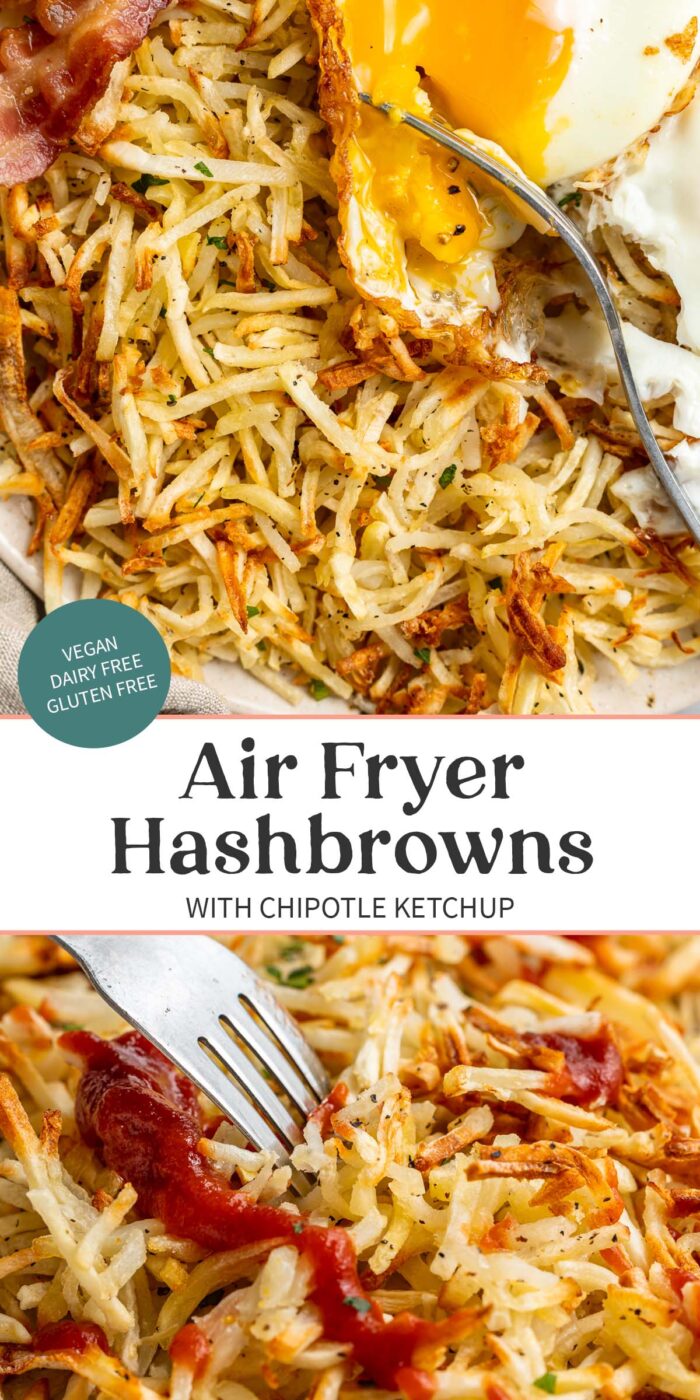 Pin graphic for air fryer hashbrowns.