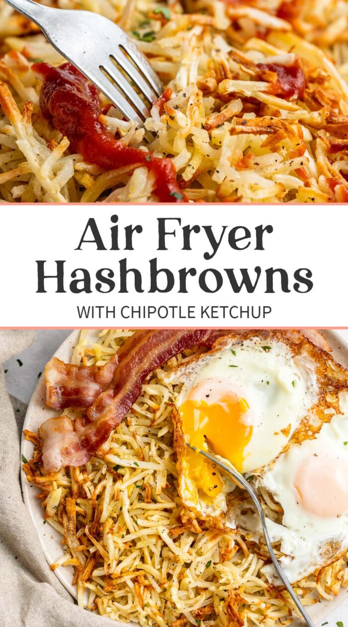 Pin graphic for air fryer hashbrowns.