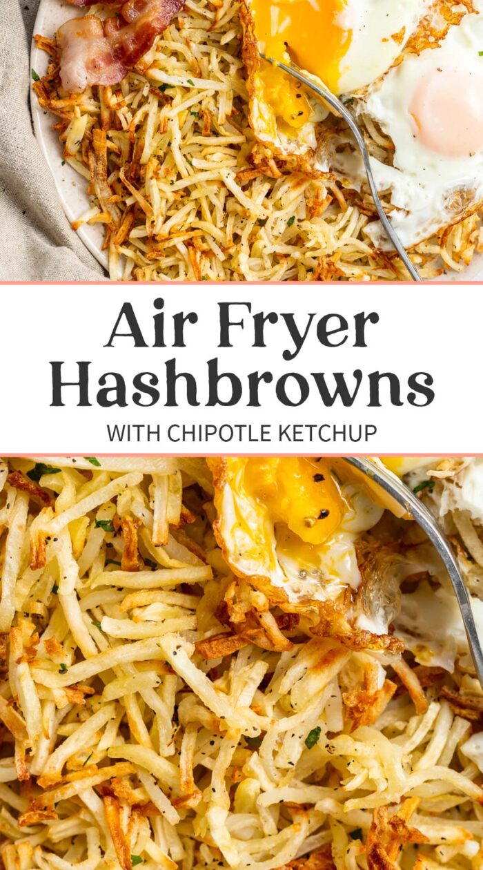 Pin graphic for air fryer hashbrowns.