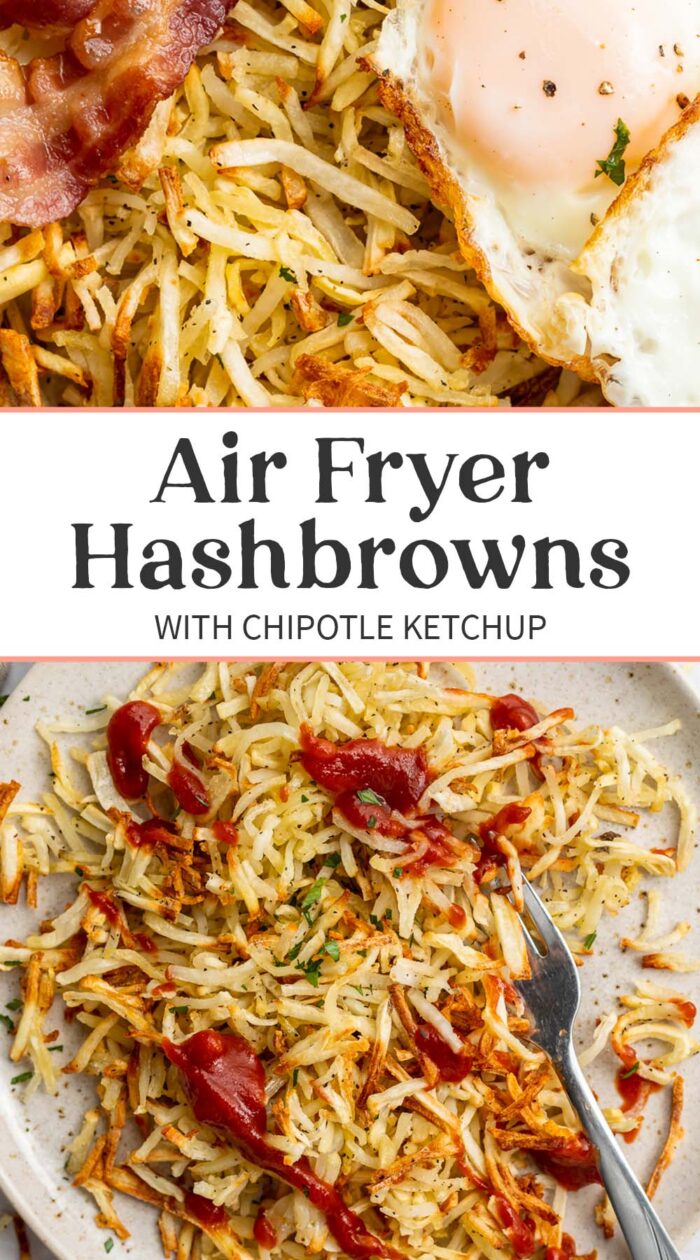 Pin graphic for air fryer hashbrowns.