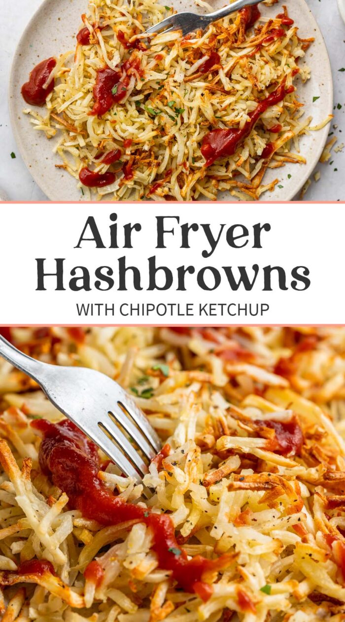 Pin graphic for air fryer hashbrowns.