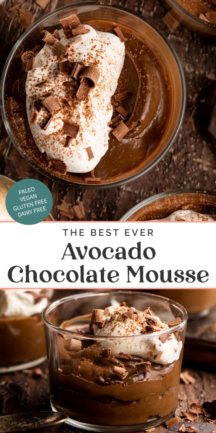 Pin graphic for avocado chocolate mousse.