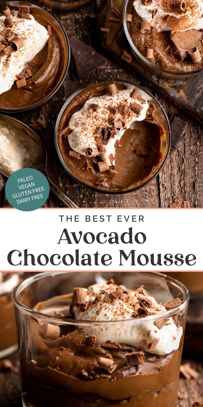 Pin graphic for avocado chocolate mousse.