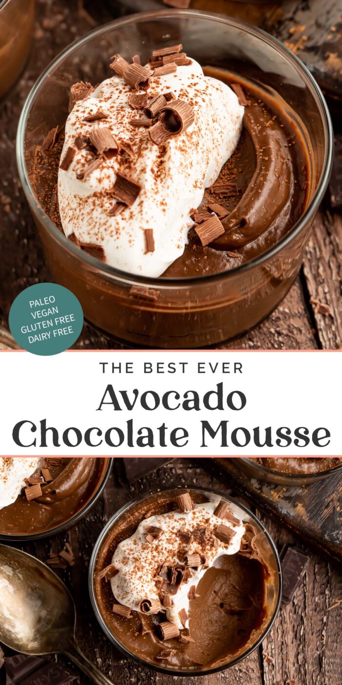 Pin graphic for avocado chocolate mousse.