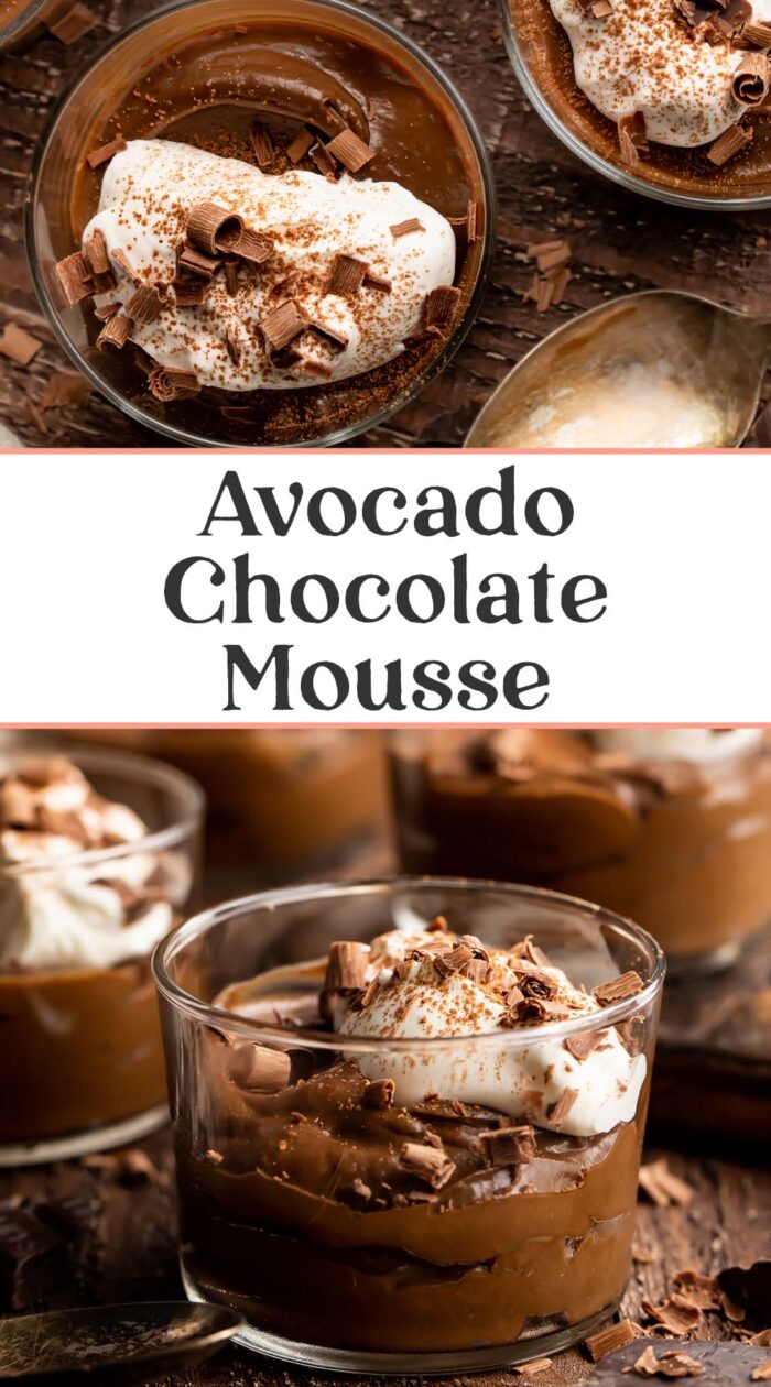 Pin graphic for avocado chocolate mousse.