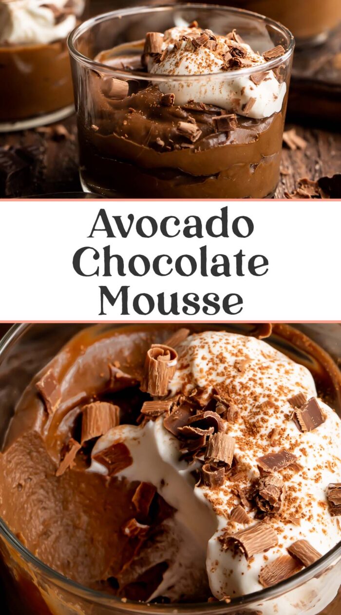 Pin graphic for avocado chocolate mousse.