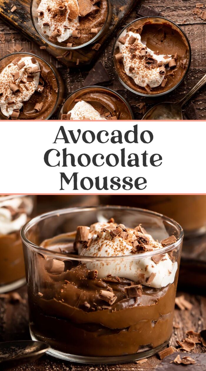 Pin graphic for avocado chocolate mousse.