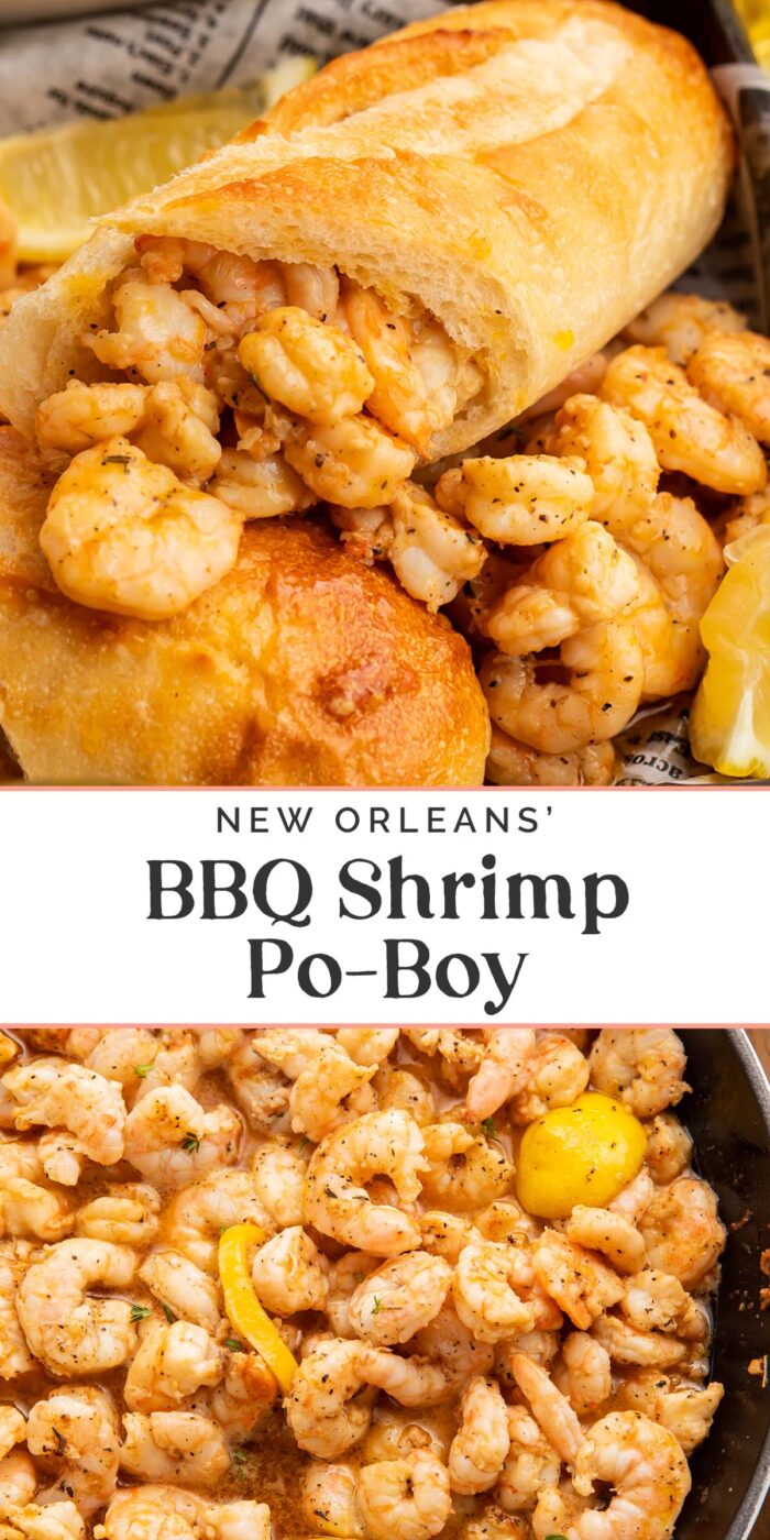 Pin graphic for New Orleans bbq shrimp po-boy.