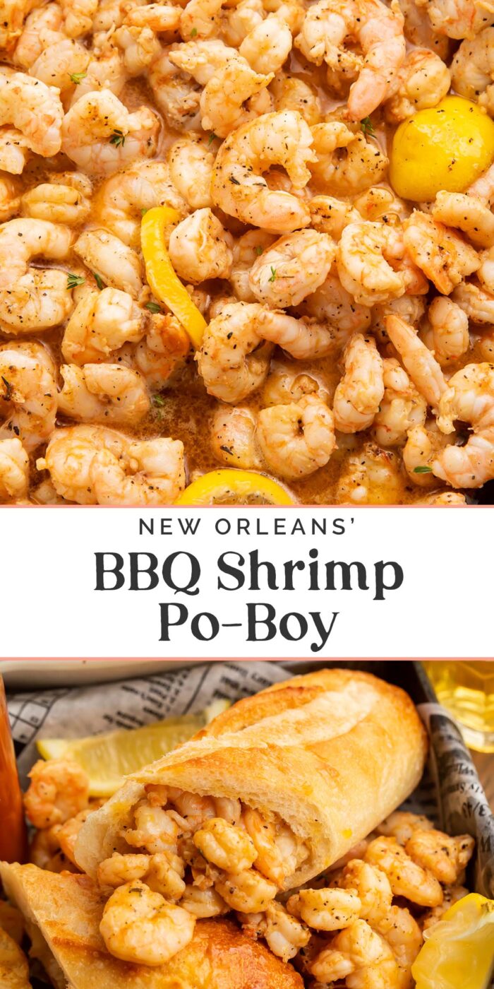 Pin graphic for New Orleans bbq shrimp po-boy.