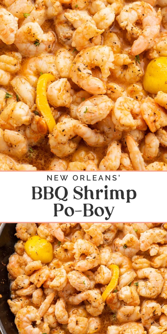 Pin graphic for New Orleans bbq shrimp po-boy.