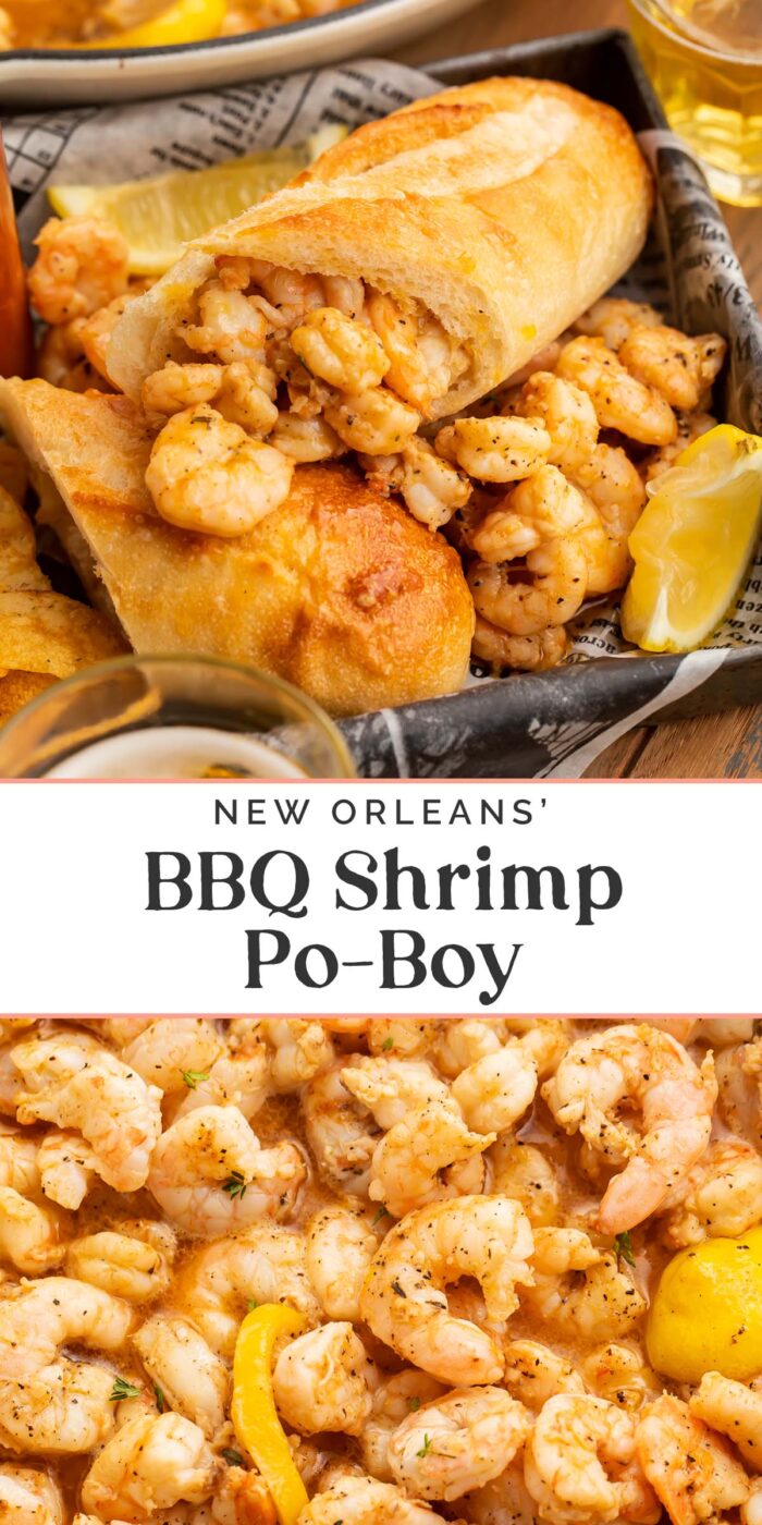 Pin graphic for New Orleans bbq shrimp po-boy.