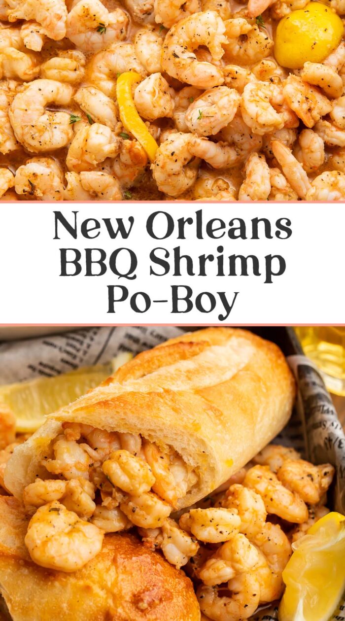 Pin graphic for New Orleans bbq shrimp po-boy.