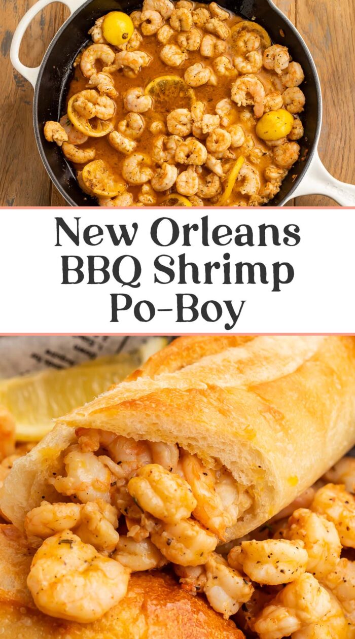 Pin graphic for New Orleans bbq shrimp po-boy.