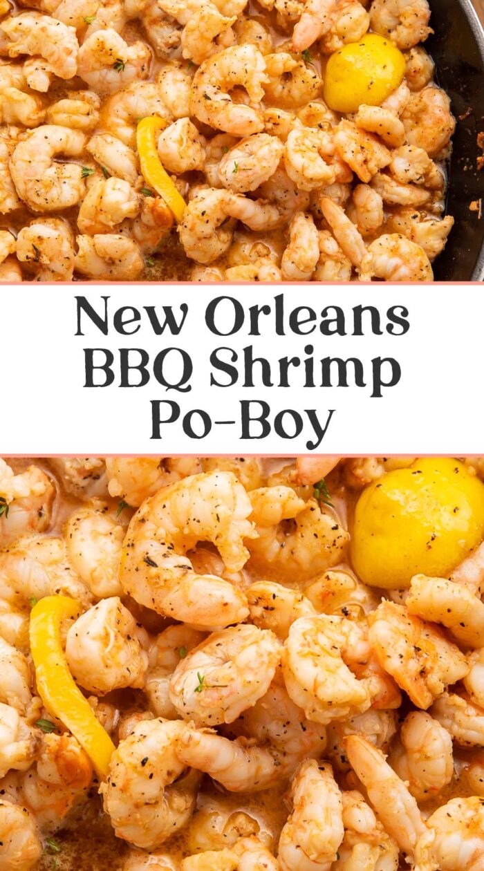 Pin graphic for New Orleans bbq shrimp po-boy.