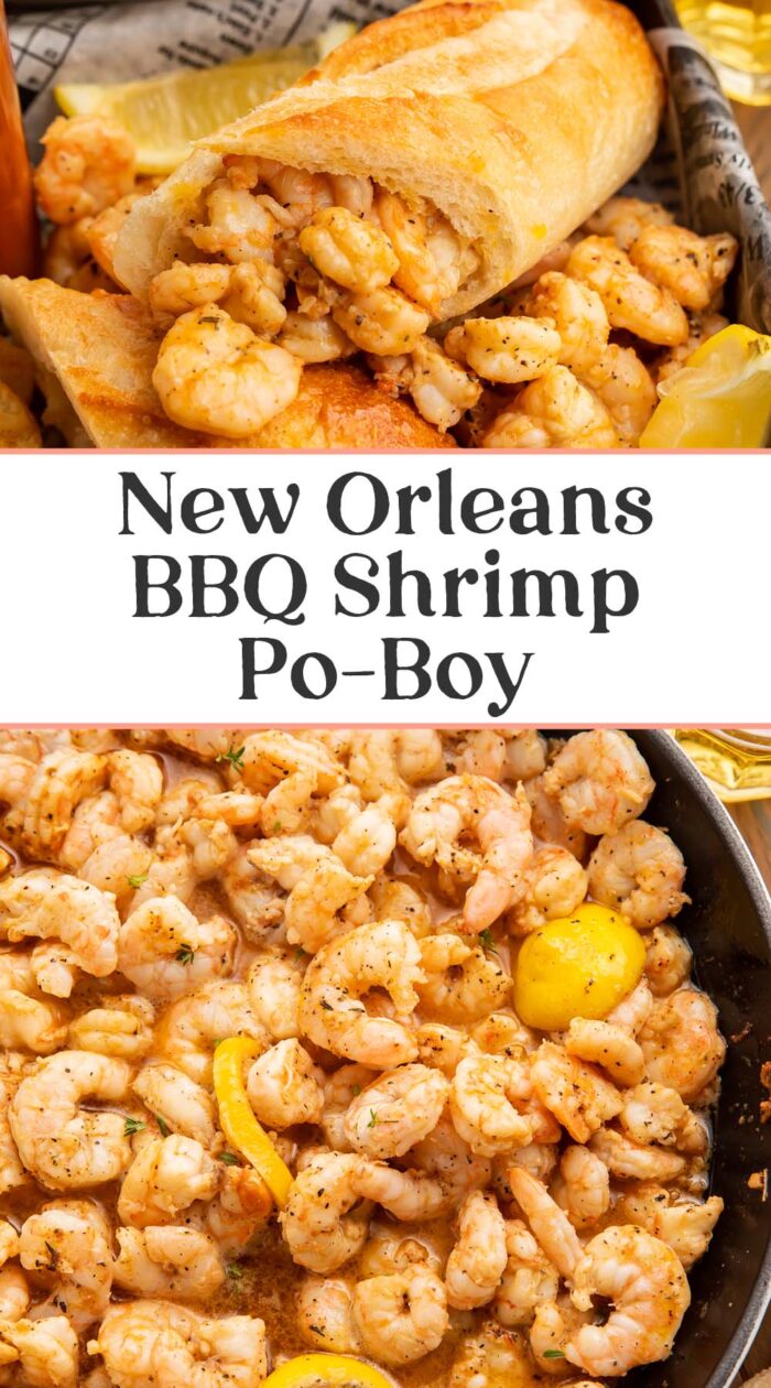 Pin graphic for New Orleans bbq shrimp po-boy.