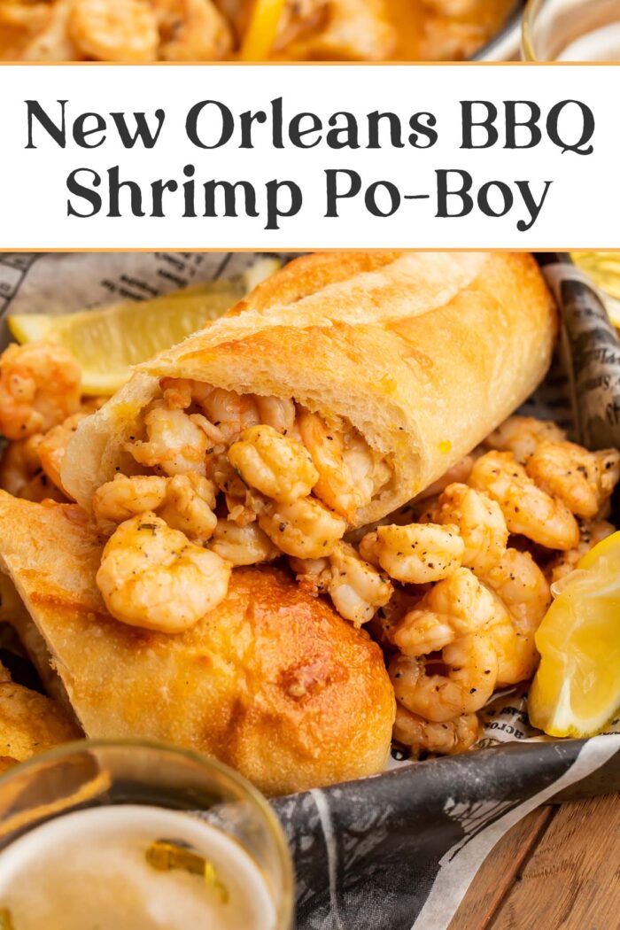 Pin graphic for New Orleans bbq shrimp po-boy.