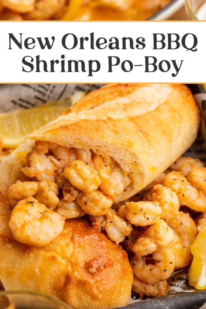 Pin graphic for New Orleans bbq shrimp po-boy.