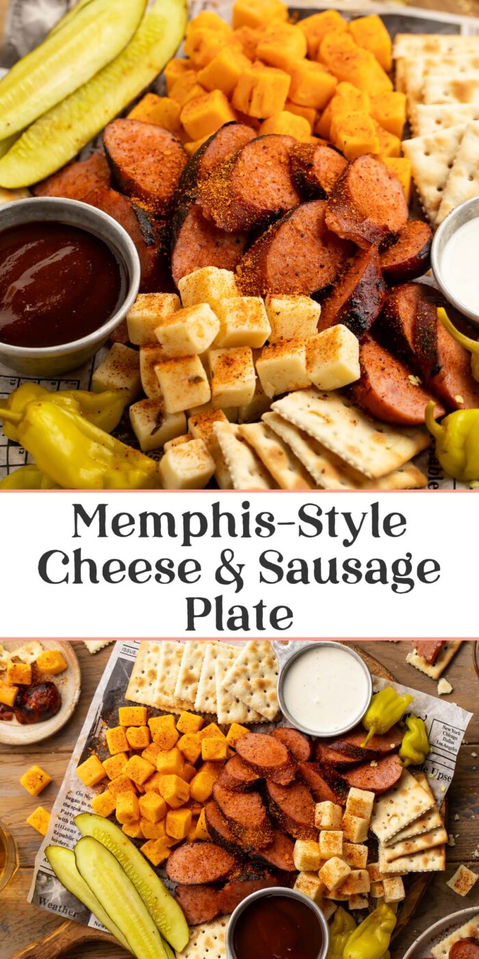 Pin graphic for Memphis-style cheese and sausage plate.