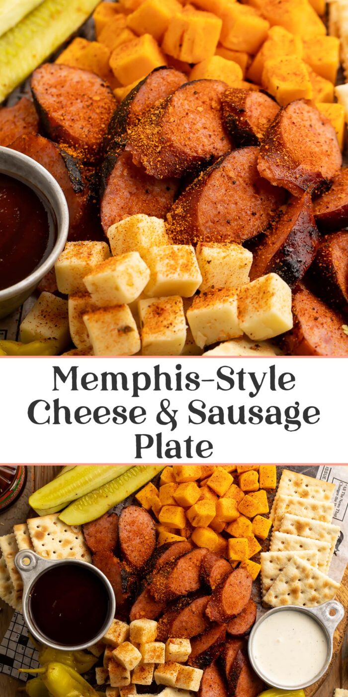 Pin graphic for Memphis-style cheese and sausage plate.