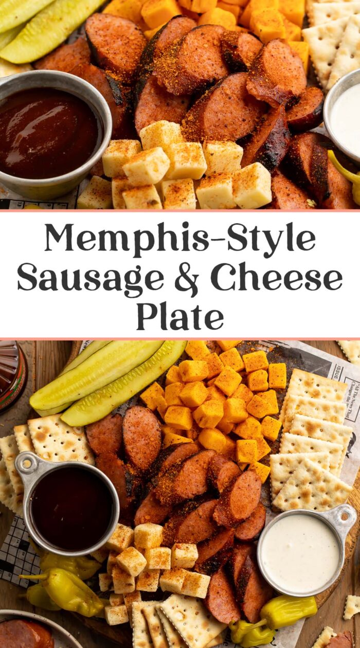 Pin graphic for Memphis-style cheese and sausage plate.