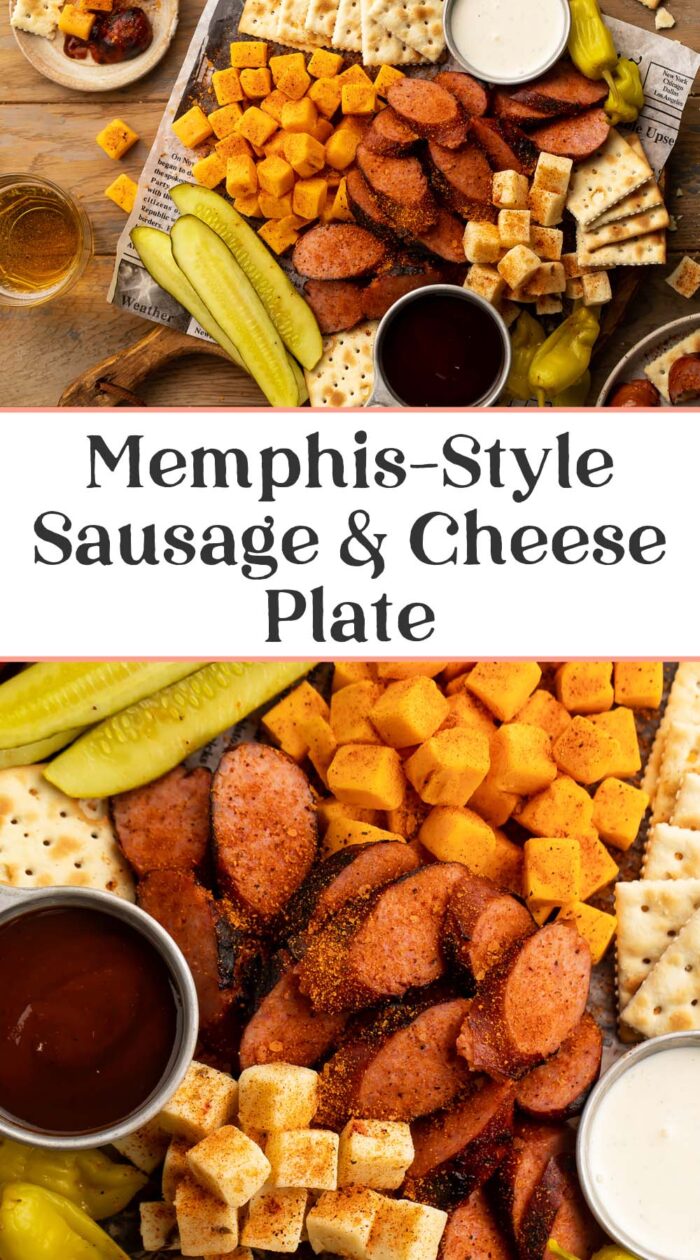 Pin graphic for Memphis-style cheese and sausage plate.