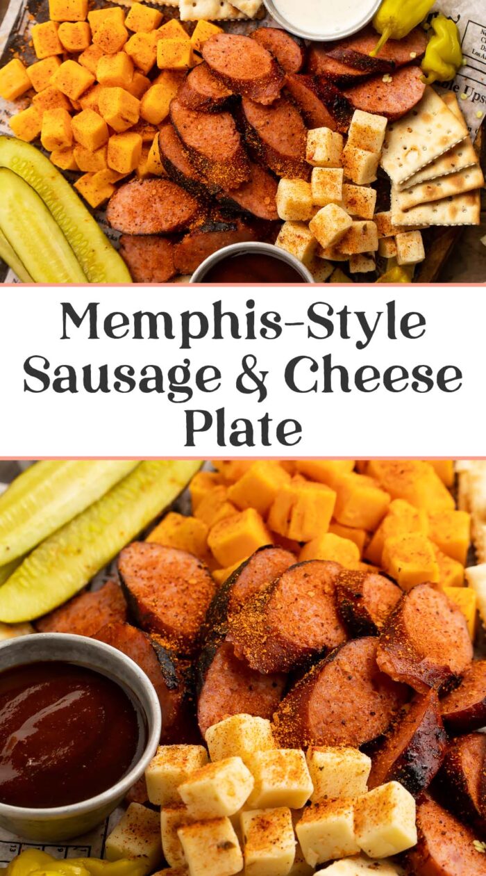 Pin graphic for Memphis-style cheese and sausage plate.