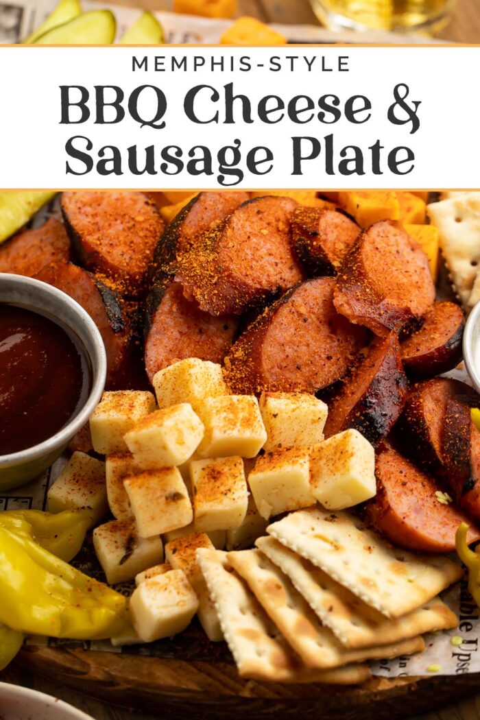 Pin graphic for Memphis-style cheese and sausage plate.