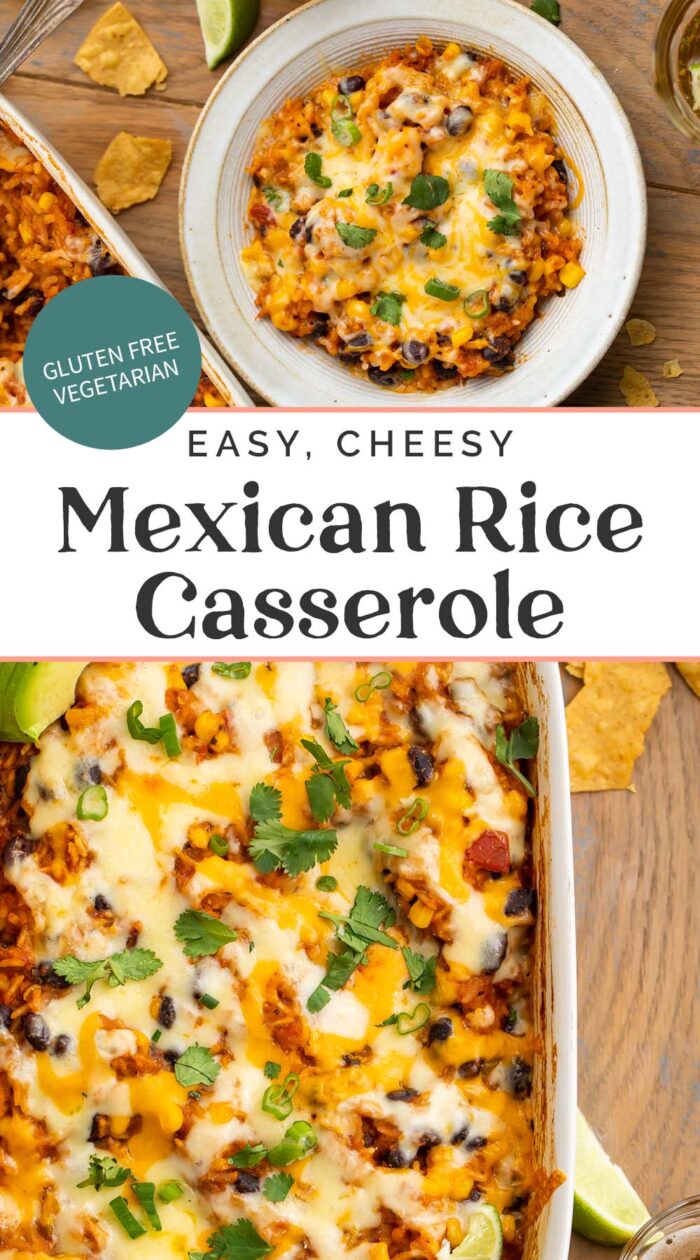 Pin graphic for mexican rice casserole.