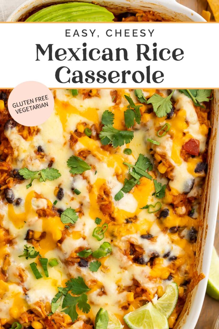 Pin graphic for mexican rice casserole.