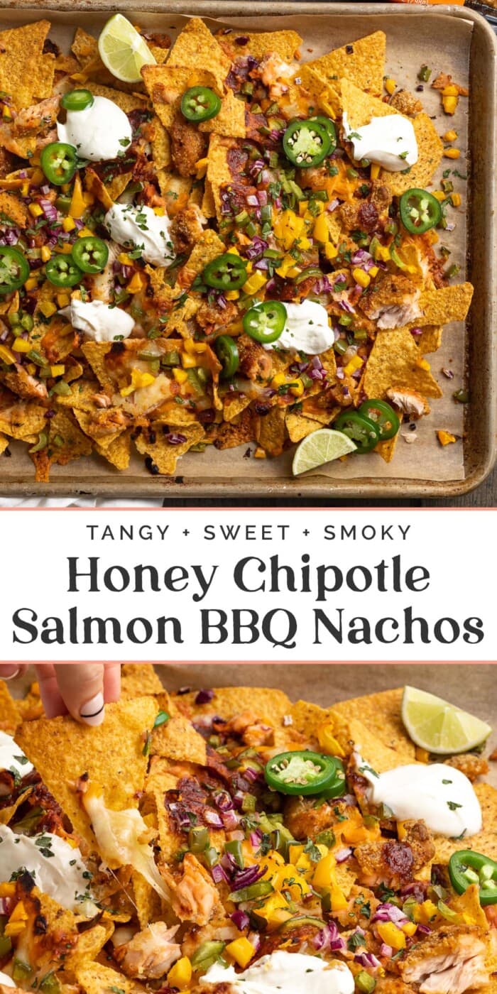 Pin graphic for salmon bbq nachos.