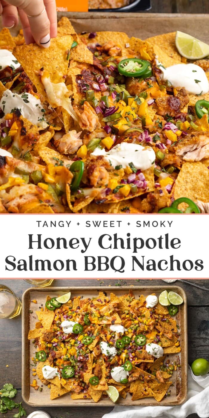 Pin graphic for salmon bbq nachos.