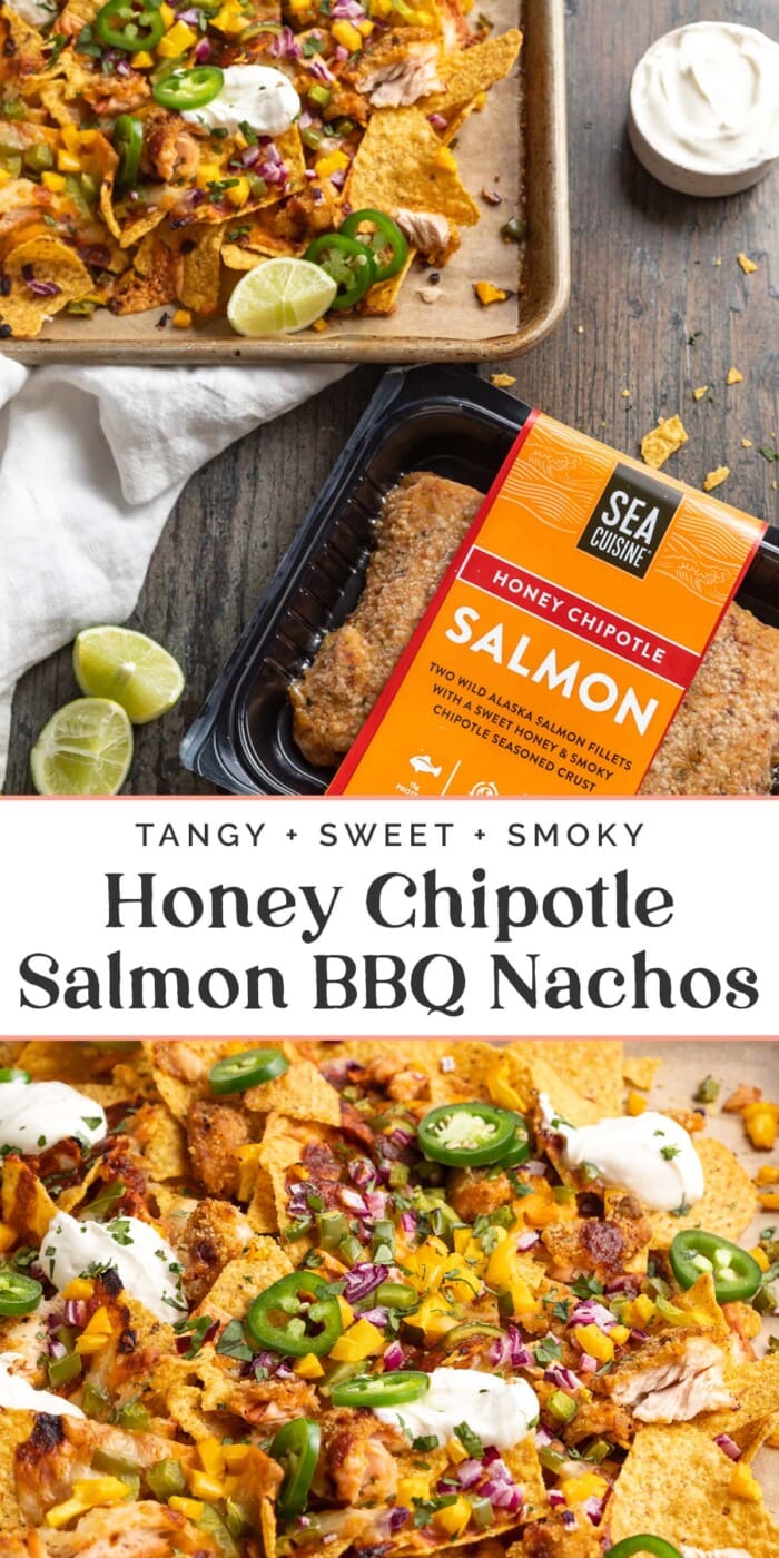 Pin graphic for salmon bbq nachos.