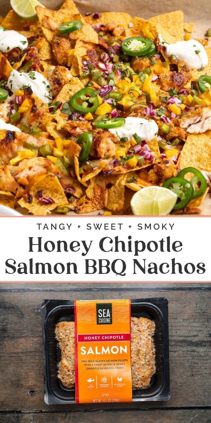 Pin graphic for salmon bbq nachos.