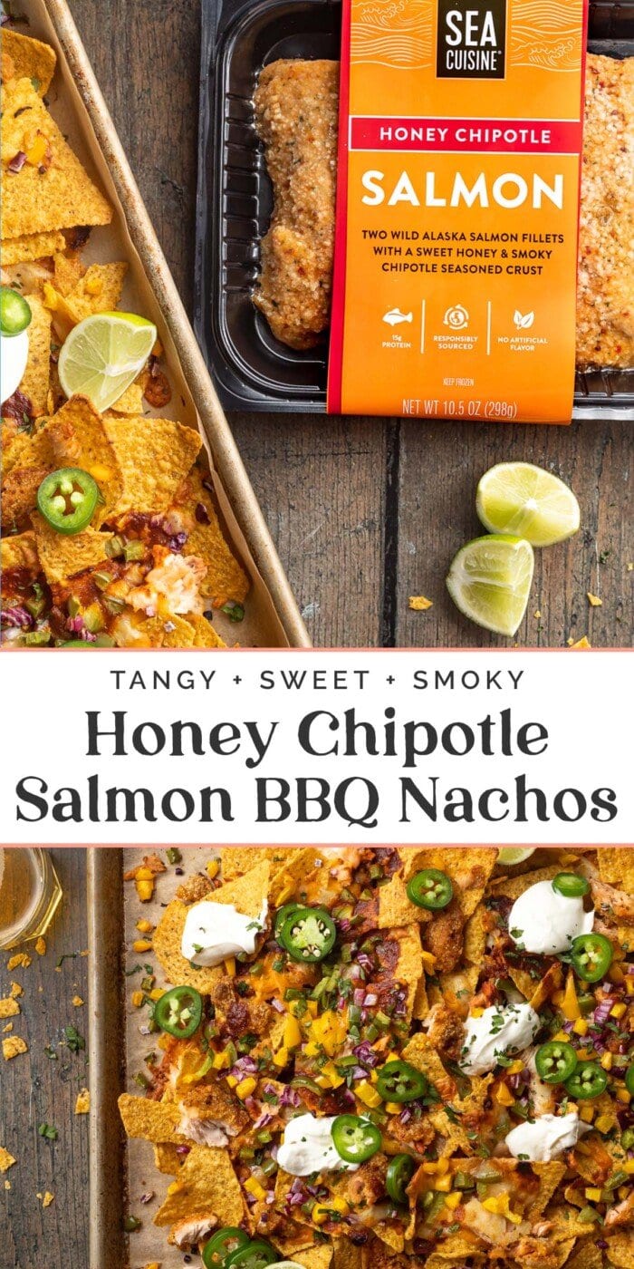 Pin graphic for salmon bbq nachos.